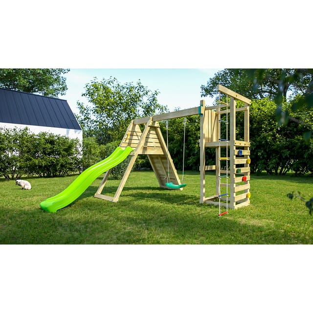 Spielturm 'Climber', teak, mit Rutsche, Einzelschaukel, Kletterwand und Schaukelsitze - Fungoo