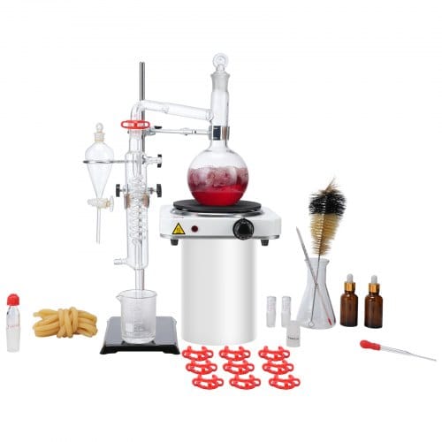 Destillationsset Für Ätherische Öle, 500 Ml Destillationsapparat, 3,3 Boro-laborglas-destillationsset Mit 1000 W Heizplatte Und 24, 40 Gelenken, 33-teiliges Set - Vevor