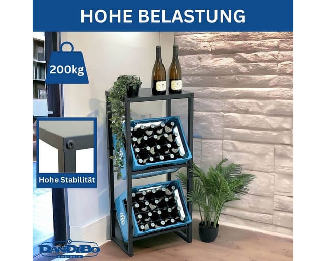DanDiBo Getränkekistenregal 2 Kisten mit Ablage Schmal Metall Stehend 96541 Getränkekistenhalter 100 cm Getränkekistenständer Flaschenkistenregal