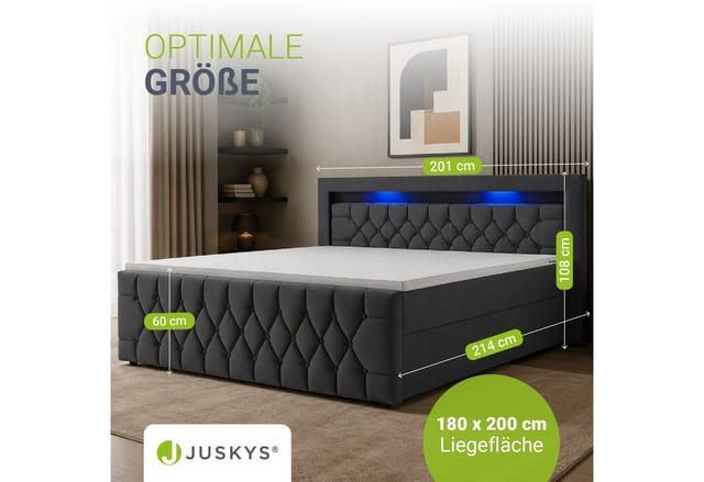 Juskys Boxspringbett Leona 180x200 cm - Bett mit LED Beleuchtung, Topper & H4 Federkern Matratzen - Doppelbett Grau mit Samt und Steppung