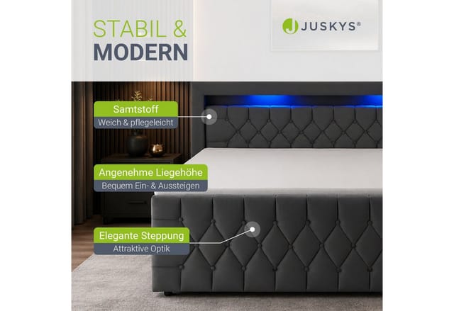 Boxspringbett Leona 140x200 cm - Bett mit led Beleuchtung, Topper & H4 Federkern Matratzen - Einzelbett Grau mit Samt und Steppung - Juskys