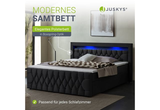 Boxspringbett Leona 140x200 cm - Bett mit led Beleuchtung, Topper & H4 Federkern Matratzen - Einzelbett Schwarz mit Samt und Steppung - Juskys