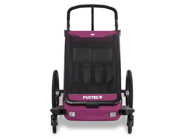 Fahrradanhänger Sportfux, 2 Sitzplätze, Hecktasche mit Reflektoren und Schiebegriff, Regen- und Sonnenschutz, faltbar Purpur FX-FA1 FUXTEC