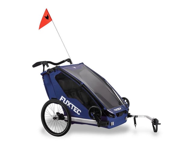 Fahrradanhänger Sportfux, 2 Sitzplätze, Hecktasche mit Reflektoren und Schiebegriff, Regen- und Sonnenschutz, faltbar Blau FX-FA1 Fuxtec