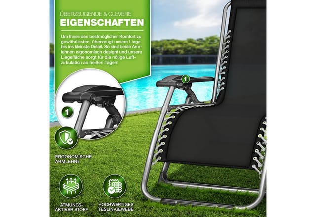 Liegestuhl klappbar bis 200 kg Grau Sonnenliege wetterfest für Balkon, Garten & Terrasse Outdoor Liege verstellbar mit dickem Polster Relaxliege mit