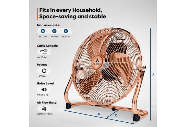 Bodenventilator 30 cm Kupfer Windmaschine 45W Tischventilator Ventilator Standventilator - Aerson