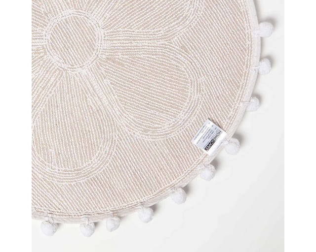 Runde Badematte Blume, 60 cm - Badvorleger weiß mit Pompons - Homescapes