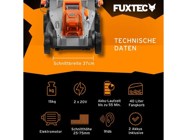 40V Akku Rasenmäher FX-E2RM37 mit 37cm Schnittbreite, mit Akkupack, mit Ladegerät - Fuxtec
