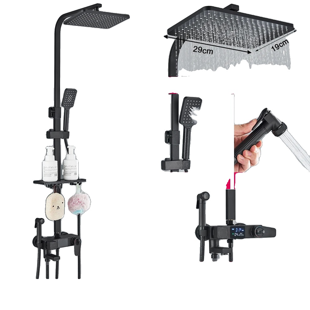 Thermostat-duscharmatur-set Mit Badablage, Aus Robustem Messing, Massiv Schwarz B 4dt