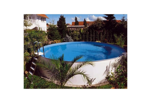 Stahlwandpool rund Exklusiv 420x150 cm, Stahl 0,8 mm weiß, Folie 0,6 mm blau, Einhängebiese