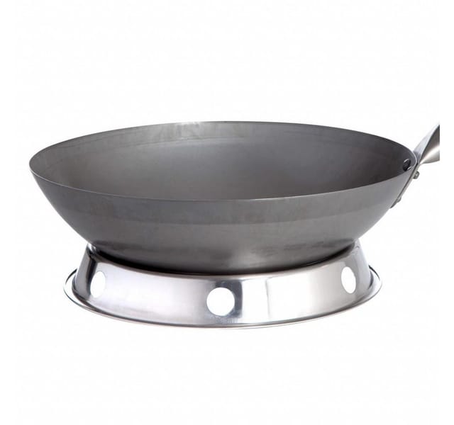 All Grill - Allgrill Stahl-Wok ø 35 cm mit Holzgriff chinesische Wokpfanne runder Boden mit Edelstahl-Wokring
