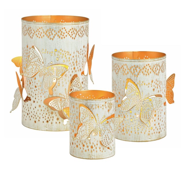 Metall Windlicht Schmetterling - 3er Set - Tischlaterne mit 3D Element - Deko Kerzenhalter Lichtspiel Wohnzimmer Terrasse Balkon
