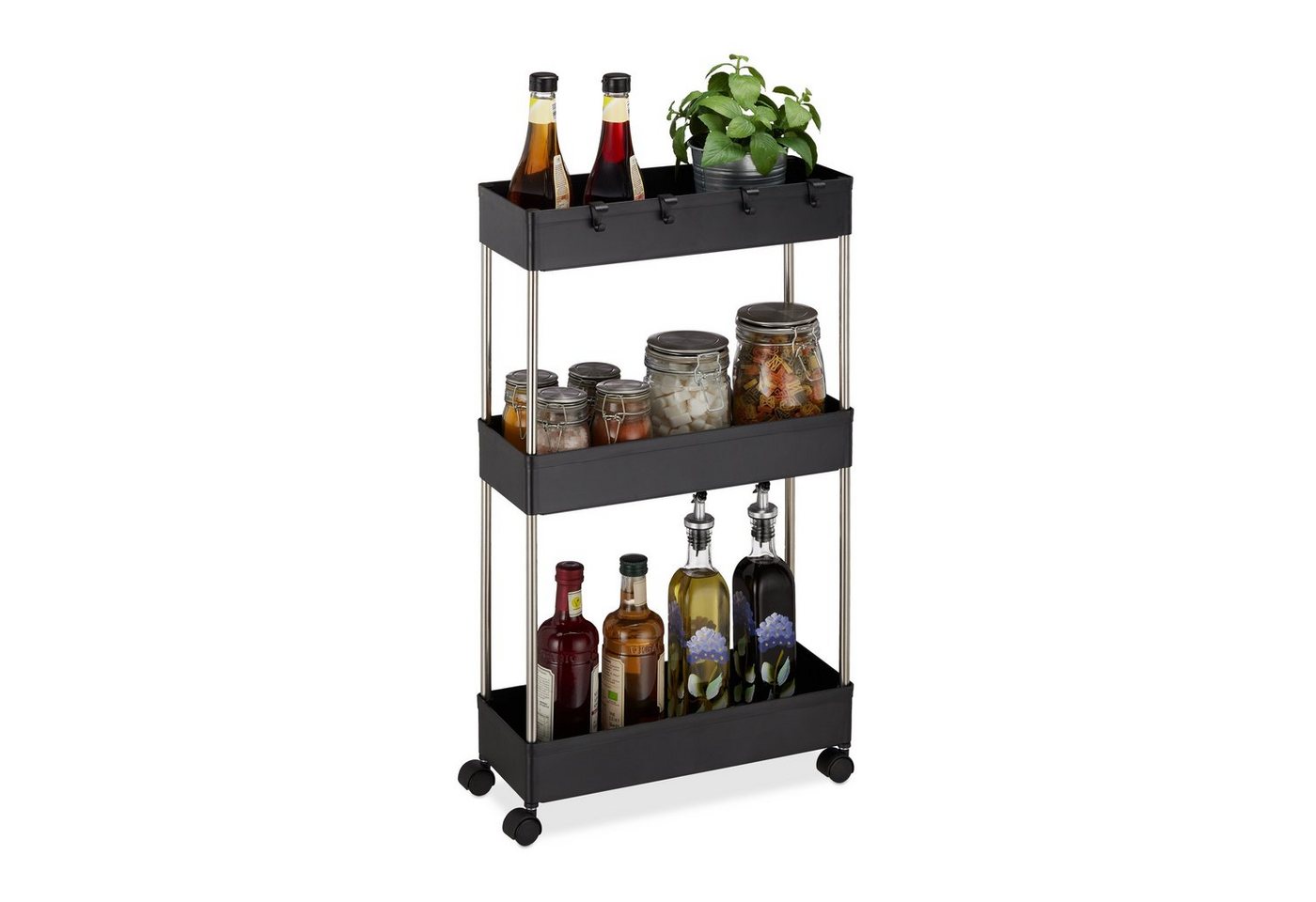 Nischenwagen Kunststoff, hbt 70 x 15,5 x 40,5 cm, schmales Nischenregal Bad, Küche, 4 Haken, 3 Fächer, schwarz - Relaxdays