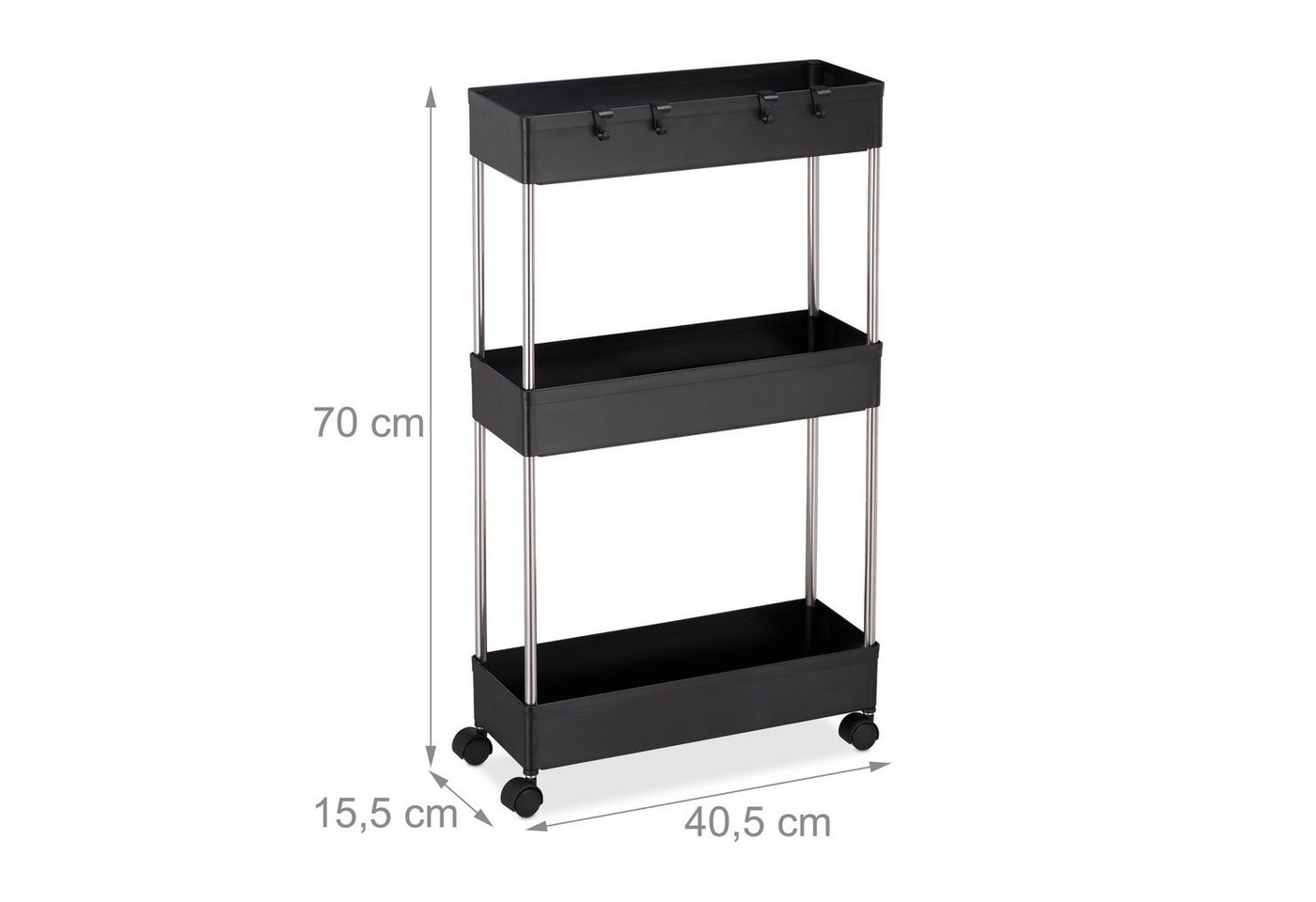 Nischenwagen Kunststoff, hbt 70 x 15,5 x 40,5 cm, schmales Nischenregal Bad, Küche, 4 Haken, 3 Fächer, schwarz - Relaxdays Bild 3