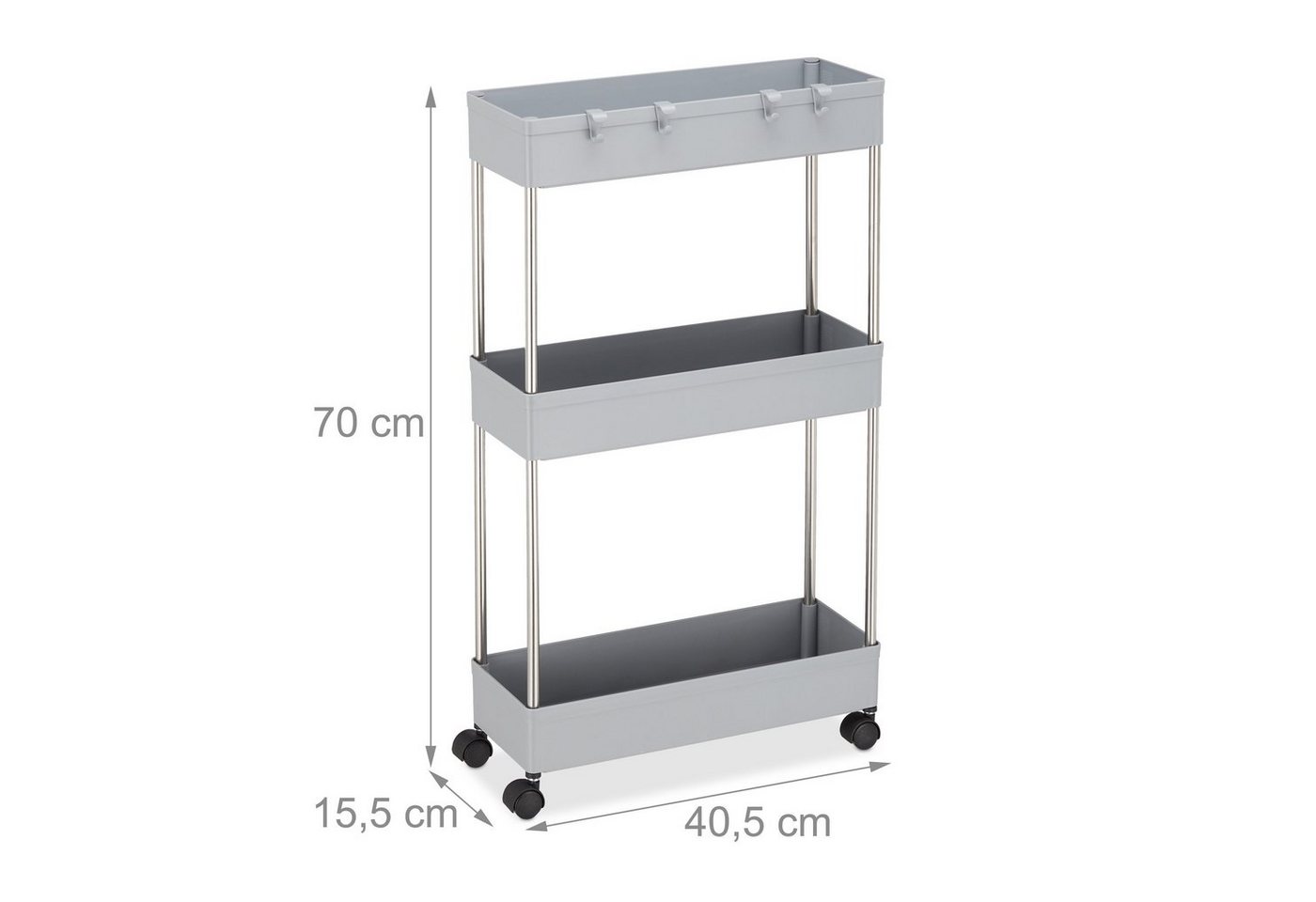 Nischenwagen, Kunststoff, hbt: 70 x 15,5 x 40,5 cm, schmales Nischenregal Bad & Küche, 4 Haken, 3 Fächer, grau - Relaxdays
