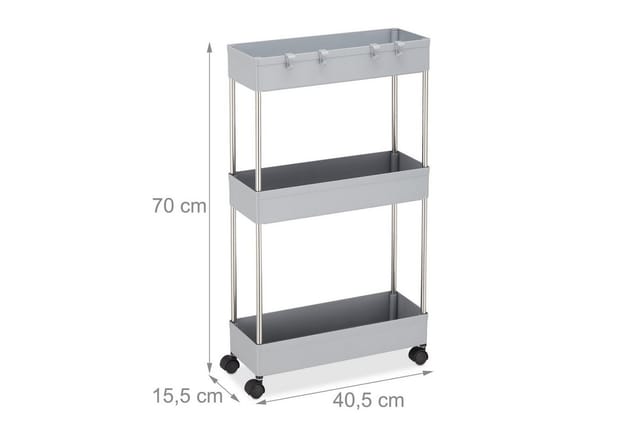 Nischenwagen, Kunststoff, hbt: 70 x 15,5 x 40,5 cm, schmales Nischenregal Bad & Küche, 4 Haken, 3 Fächer, grau - Relaxdays