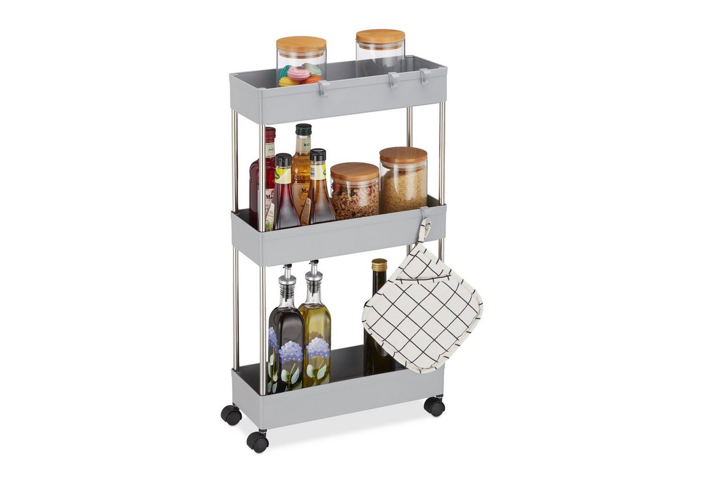 Nischenwagen, Kunststoff, hbt: 70 x 15,5 x 40,5 cm, schmales Nischenregal Bad & Küche, 4 Haken, 3 Fächer, grau - Relaxdays Bild 2