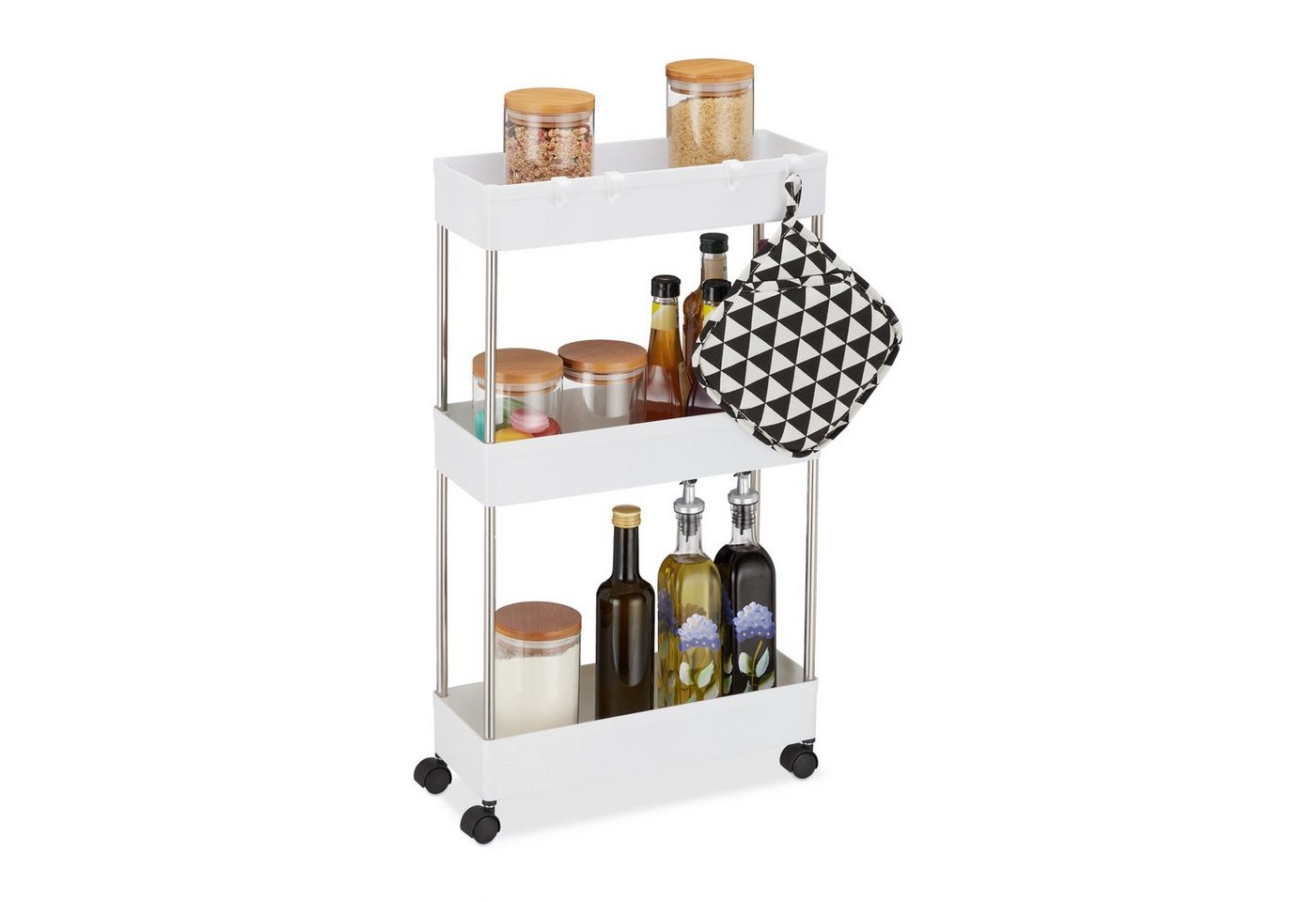 Nischenwagen, Kunststoff, hbt: 70 x 15,5 x 40,5 cm, schmales Nischenregal Bad & Küche, 4 Haken, 3 Fächer, weiß - Relaxdays Bild 3