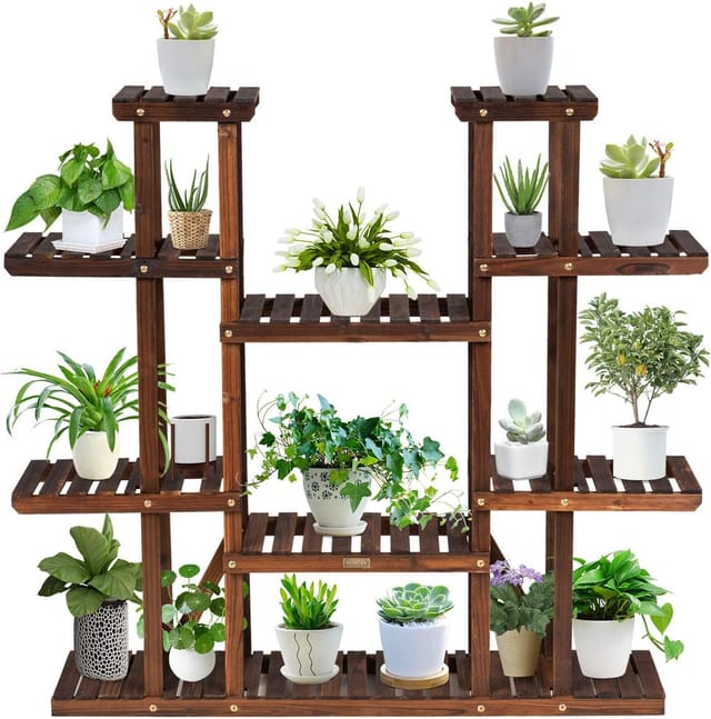 Costway - Pflanzenregal Blumenregal, Blumenstaender Holz, Blumentreppe Garten, Pflanzentreppe mehrstoeckig, Holzregal 9 Etagen / 125x25x114cm