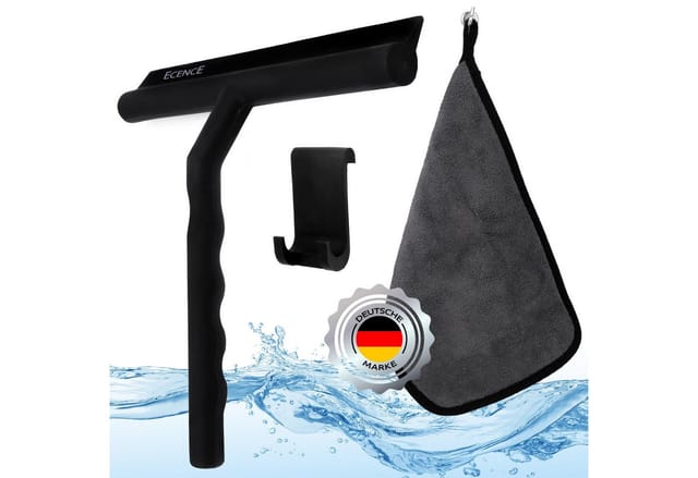 Ecence - Duschabzieher Silikon Schwarz Fenster-Glas-Abzieher + Aufhängung, Mikrofasertuch