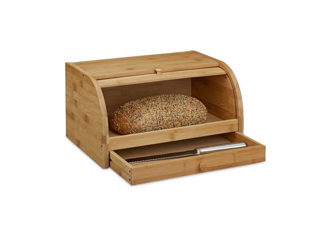 Rollbrotkasten mit Schublade, Bambus, aromadicht, Brotkasten mit Rolldeckel, HxBxT: 21x40,5x28 cm, Holz, natur - Relaxdays