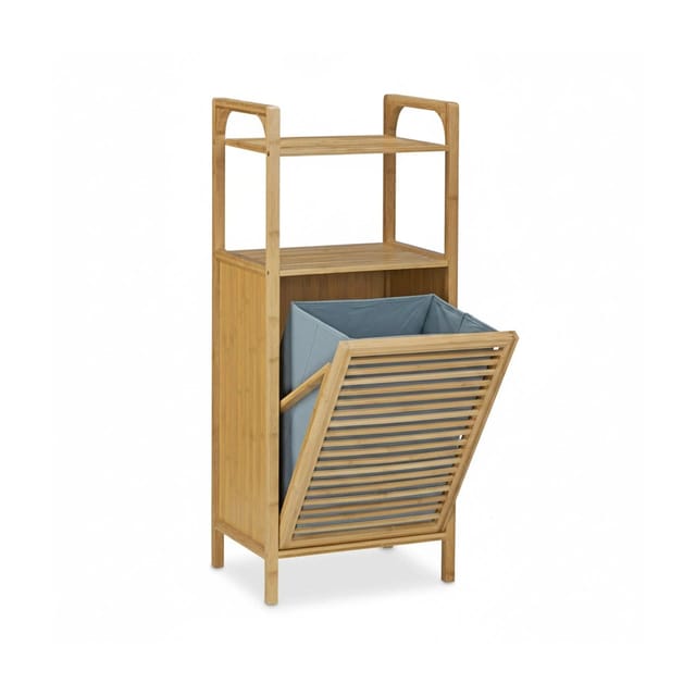 Badregal mit Wäschekorb, HxBxT:95x40x30cm, 2 Ablagen, ausklappbarer Wäschesack, Wäschetruhe 25L, natur - Relaxdays