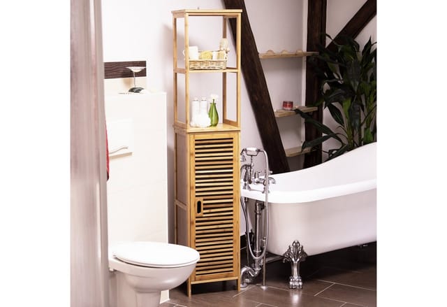 Badregal Bambus mit 5 Ablagen, Standregal mit Schranktür HxBxT: 170 x 33,5 x 28 cm, Badschrank stehend, natur - Relaxdays