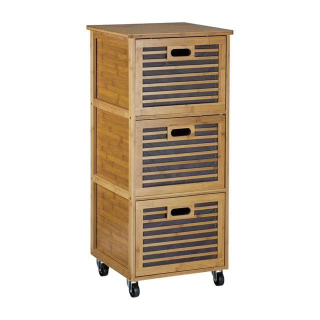 Relaxdays - Rollwagen mit Schubladen, Bambus Badregal m. 3 Fächern, Allzweckregal m. Rollen HxBxT 92 x 41 x 41 cm, natur