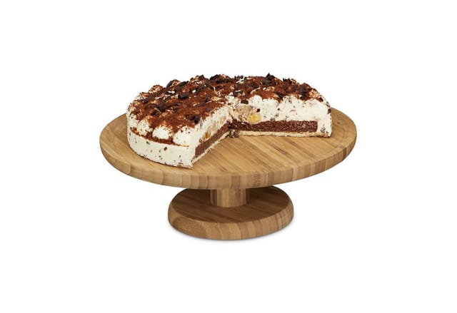 Relaxdays Tortenplatte rund, 33 cm, aus Bambus, mit Standfuß, H x D: ca. 11,5 x 33 cm, natur