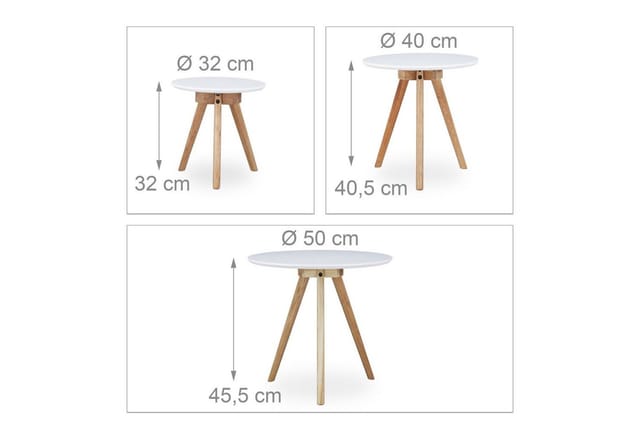 Relaxdays - Beistelltisch 3er Set, Beine aus Walnussholz, weiße Tischplatte 50, 40, 32 cm, nordisches Design, weiß / natur