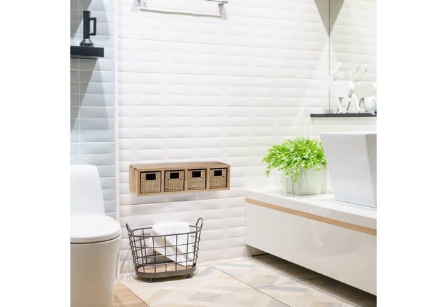 Relaxdays - Wandregal Walnuss 4 herausnehmbare Körbe, natürliches Design, zur Wandmontage, natur