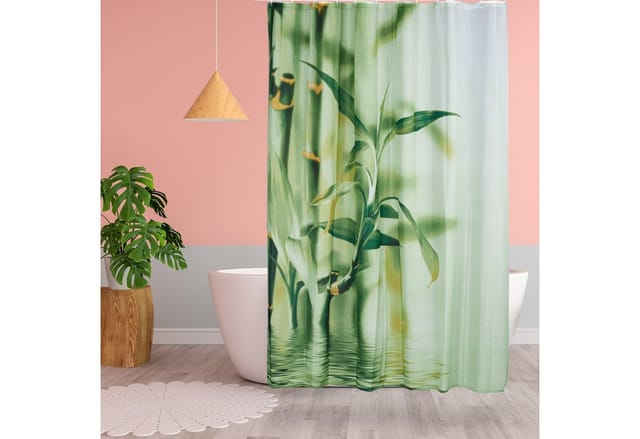 Relaxdays Duschvorhang Bambus Design, Polyester, Textil, waschbar, Pflanze, Stoff, 200 x 180 cm, Wannenvorhang, grün