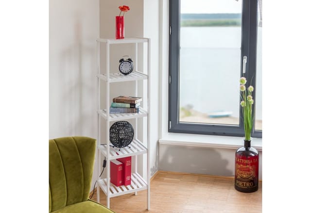 Bambus Badregal mit 5 Ablageflächen, HxBxT: 139,5 x 34,5 x 33 cm, hohes Standregal, Küchenregal, weiß - Relaxdays
