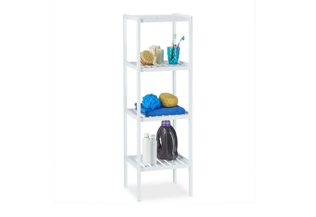Relaxdays - Bambus Badregal mit 4 Ablageflächen, HxBxT: 110 x 34,5 x 33 cm, hohes Standregal, freistehend, Holzregal, weiß