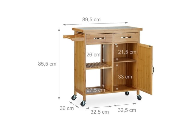 Küchenwagen Holz, Bambus, 4 Rollen, Arbeitsplatte aus Marmor, mit Schubladen, hbt: 85,5 x 89,5 x 36 cm, natur - Relaxdays
