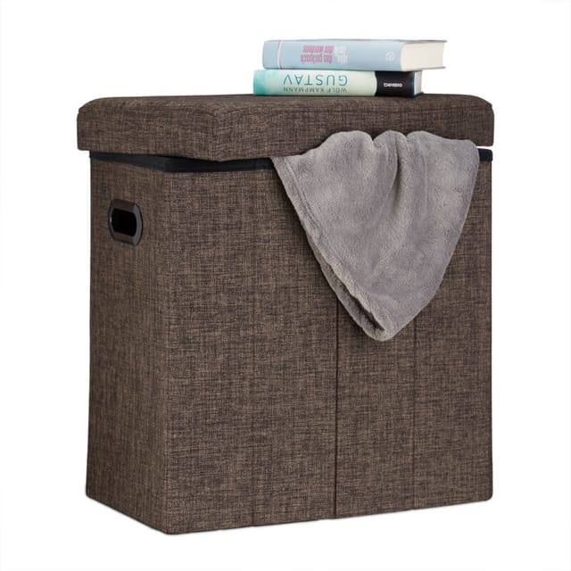 Relaxdays - Faltbarer Sitzhocker, HxBxT: 49,5 x 46 x 25,5 cm, mit Stauraum, Griffe, Leinen, Polyester, mdf, braun