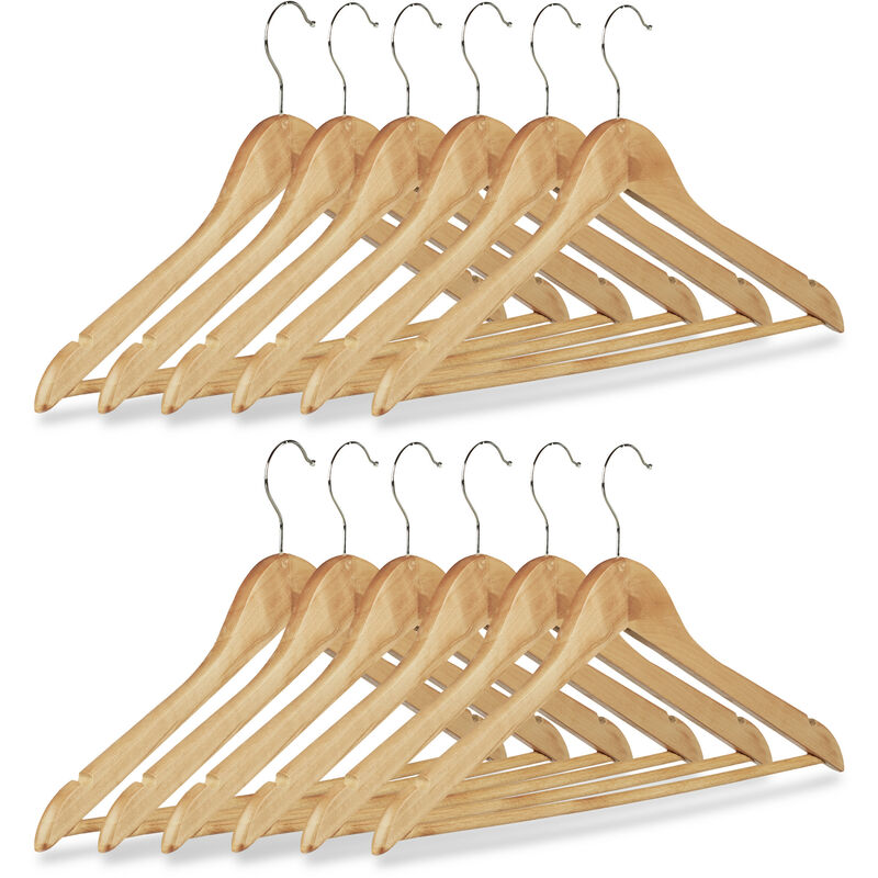 Kleiderbügel Set, 12 Hosenbügel aus Holz, Garderobenbügel, Haken 360° drehbar, HxB: 22,5x44,5cm, natur/silber - Relaxdays