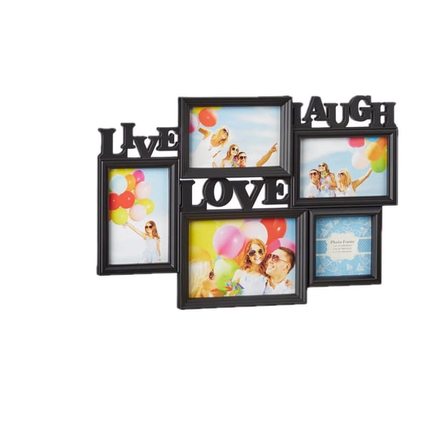 Relaxdays - Bilderrahmen Live Love Laugh, 5 Bilder verschiedene Größen, 3D Collage mehrere Fotos, HxB: 31x45,5 cm, schwarz