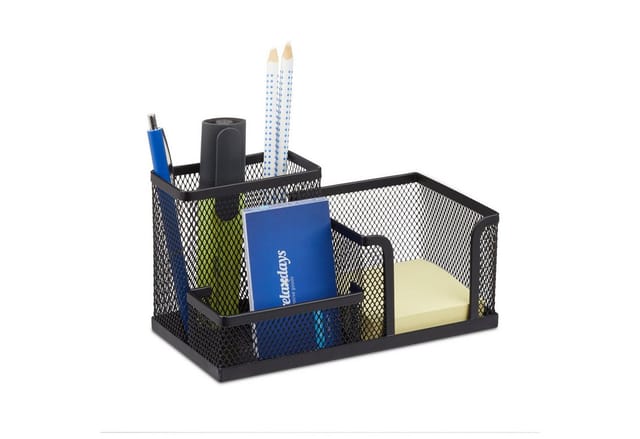 Schreibtischorganizer, Büroablage mit Stiftehalter und Zettelhalter, Metall Mesh, hbt: 10x18,5x9,5cm, schwarz - Relaxdays