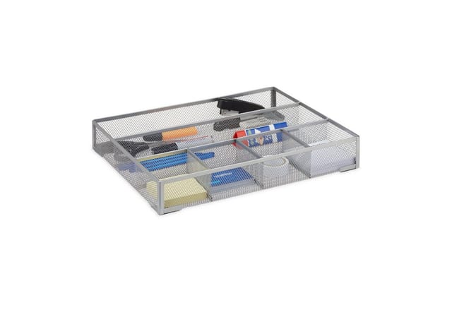 Schreibtischorganizer groß, rutschfeste Ablagebox mit 6 Fächern, Metall Mesh, HxBxT: 6 x 38 x 30 cm, silber - Relaxdays