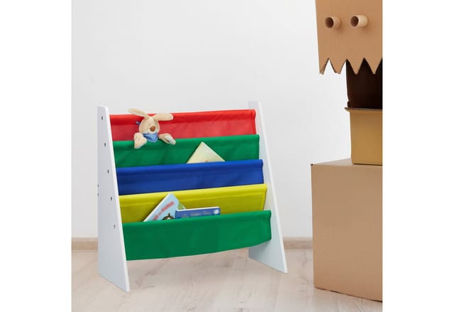 Relaxdays - Bücherregal für Kinder, Aufbewahrungsregal, Spielzeugregal, aus MDF+Polyester, mit 4 Stofffächern, mehrfarbig