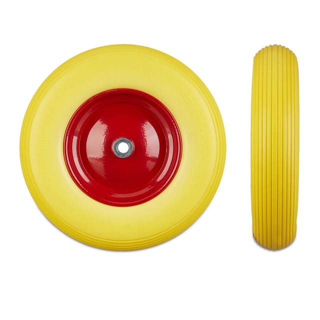 Relaxdays Schubkarrenrad 4.80 4.00-8, Vollgummireifen u. Stahlfelge, Ersatzrad pannensicher, 100 kg Traglast, gelb-rot