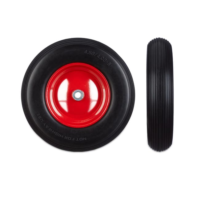 Relaxdays - Schubkarrenrad 4.80 4.00-8, Vollgummireifen u. Stahlfelge, Ersatzrad pannensicher, 100kg Traglast, schwarz-rot