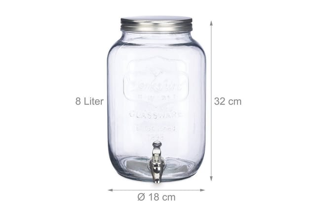 Getränkespender 8 l, Glas, Zapfhahn, Retro Saftspender Gastro, Vintage Limonadenspender Gartenparty, klar - Relaxdays