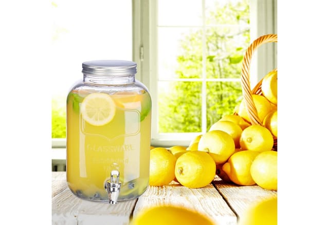 Relaxdays Getränkespender 5 l, Glas, Zapfhahn, Retro Saftspender Gastro, Vintage Limonadenspender Gartenparty, klar