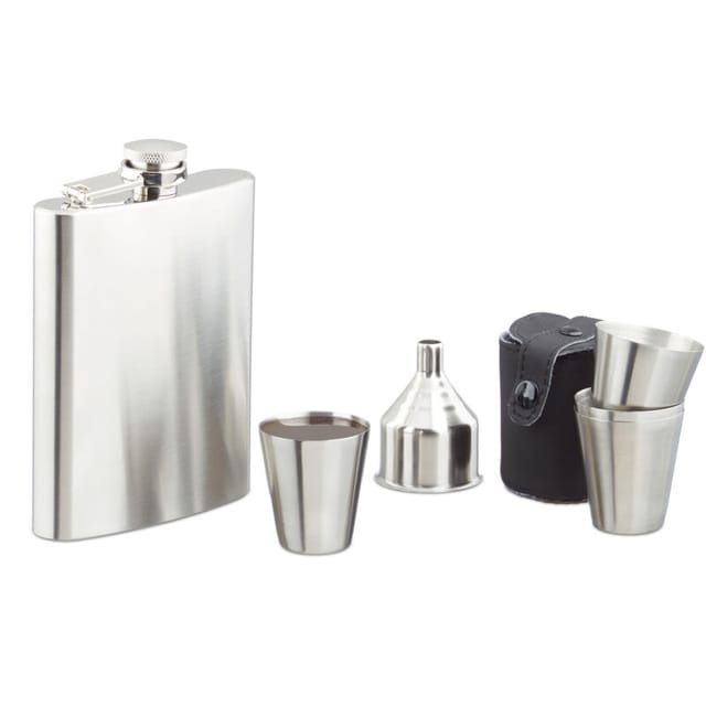 35 tlg. Flachmann Set XXL, 5 Flachmänner 200 ml, mit 20 Bechern und 5 Trichtern, Großpack für unterwegs, silber