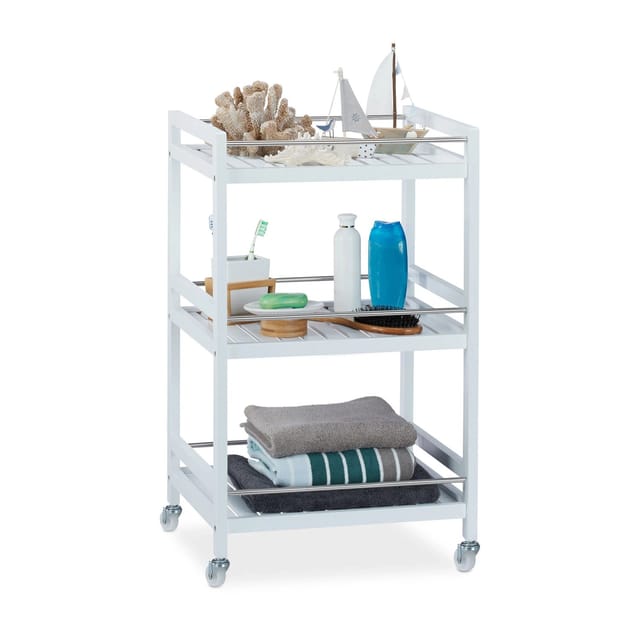 Servierwagen Bambus, 3 Ablagen, 360° drehbare Rollen, Edelstahl-Stangen, Küchenwagen, hbt: 76,5x46x38 cm, weiß - Relaxdays