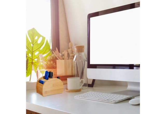 Relaxdays Stiftehalter Bambus, 4 Fächer, natürliche Optik, Stiftebox, Schreibtisch Organizer für Büro-Utensilien, natur