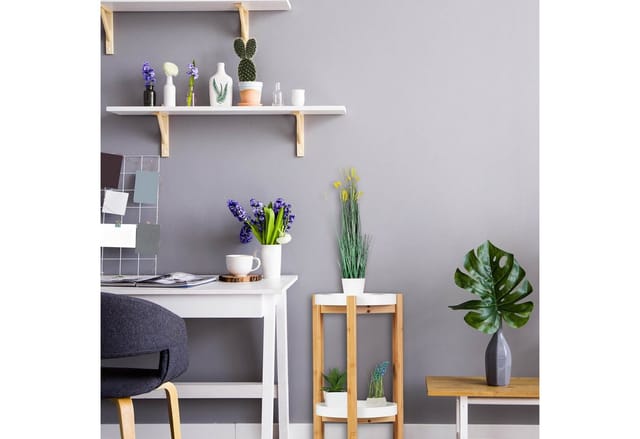 Relaxdays Blumenregal, 3 Etagen, Bambus & MDF, rund, moderner Pflanzenständer für innen, HxD: 79 x 30 cm, natur/weiß