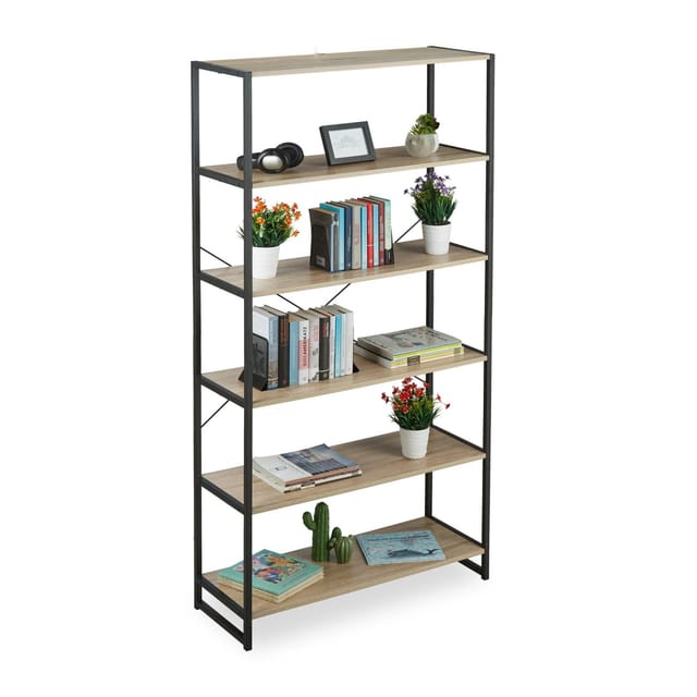 Standregal Industrial, hohes Bücherregal, offenes Design mit 6 Fächern, hbt 180x95x35 cm, aus PB/Metall, braun - Relaxdays